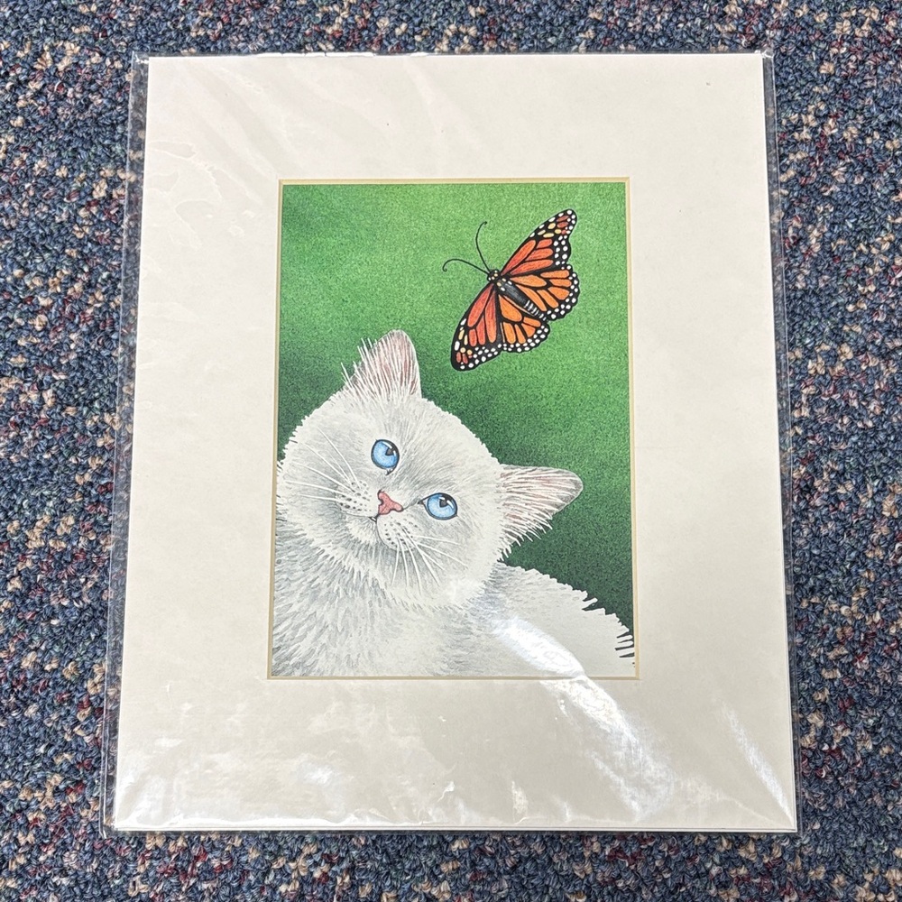White Cat and Butterfly Art Print - artist unknown